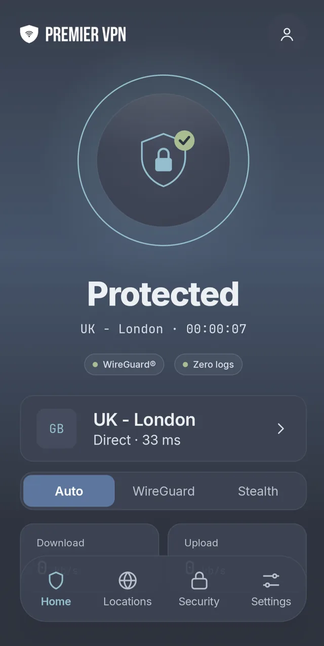 PremierVPN for Android in the Glass style: Protected, UK - London, with WireGuard and Zero logs chips, the Auto, WireGuard and Stealth protocol switch and the tab bar