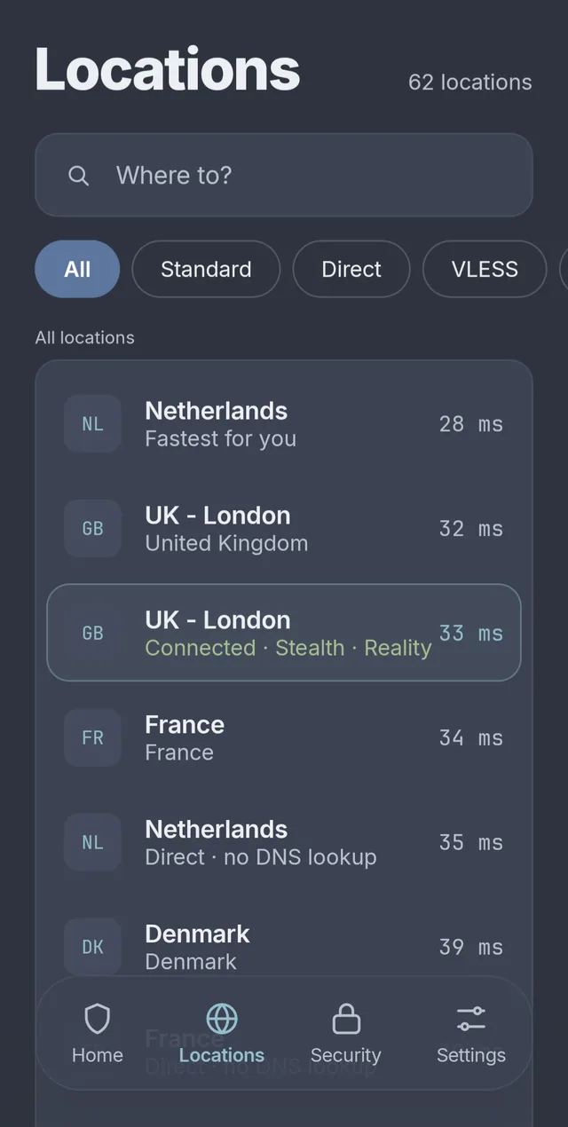 The Locations tab on Android: 62 locations, a Where to? search box, All, Standard, Direct and VLESS tabs, and a list with ping times in which UK - London is connected over Stealth with Reality