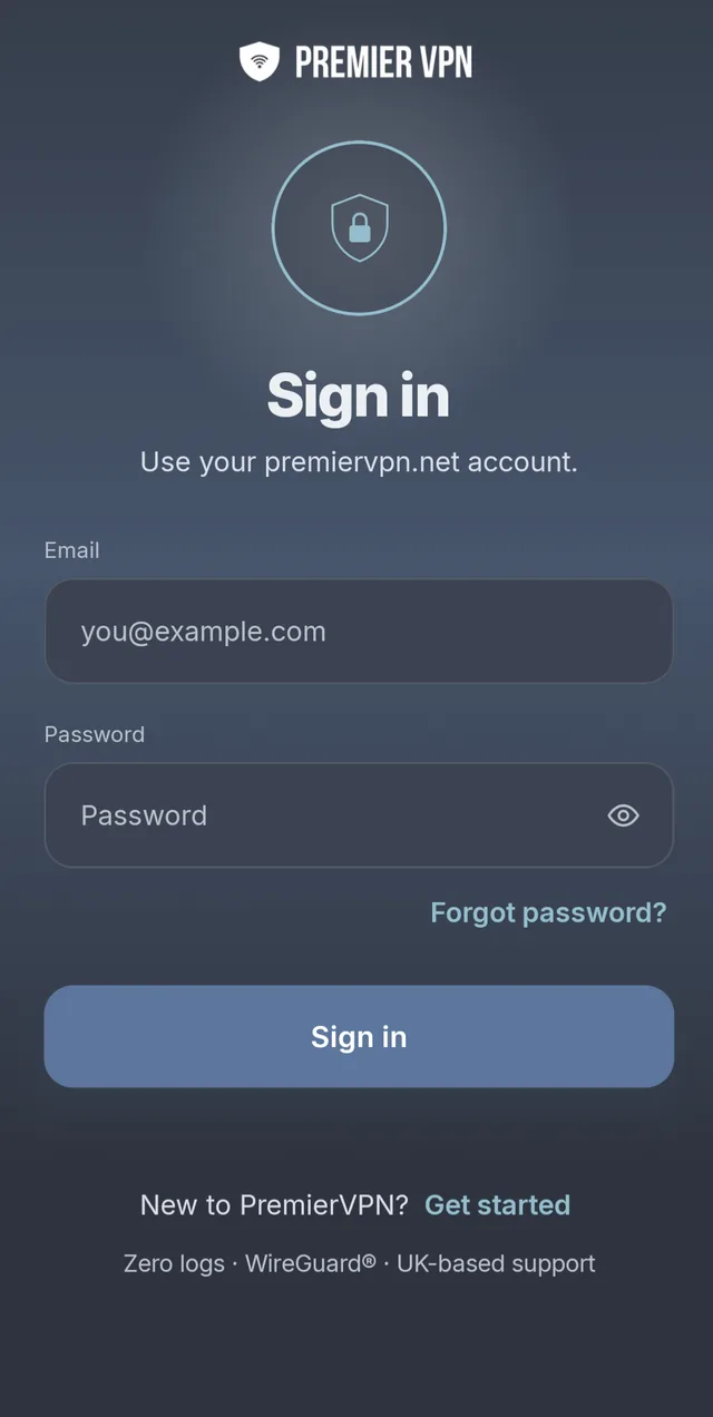 The PremierVPN sign-in screen: Use your premiervpn.net account, with Email and Password boxes, Forgot password, a Sign in button and Get started for new customers