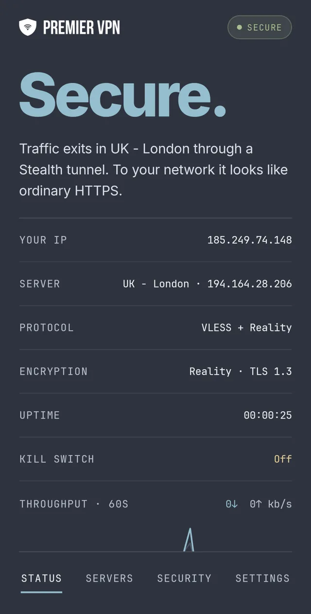 PremierVPN for Android in the Signal style: Secure, traffic exits in UK - London through a Stealth tunnel, with the IP address, server, VLESS + Reality protocol, TLS 1.3 encryption, uptime, kill switch and a live throughput graph