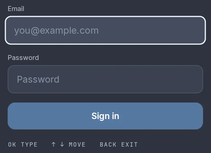 Sign-in form on Fire TV with Email and Password boxes, a Sign in button and the hints OK Type, Move and Back Exit