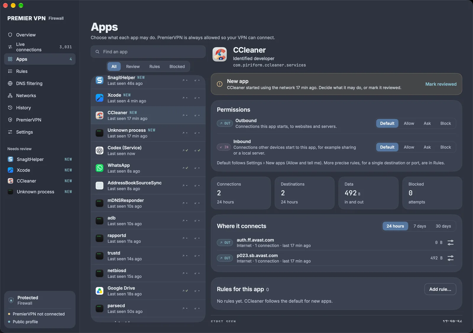 Apps: a new app with its outbound and inbound permissions, connection counts, where it connects and its rules