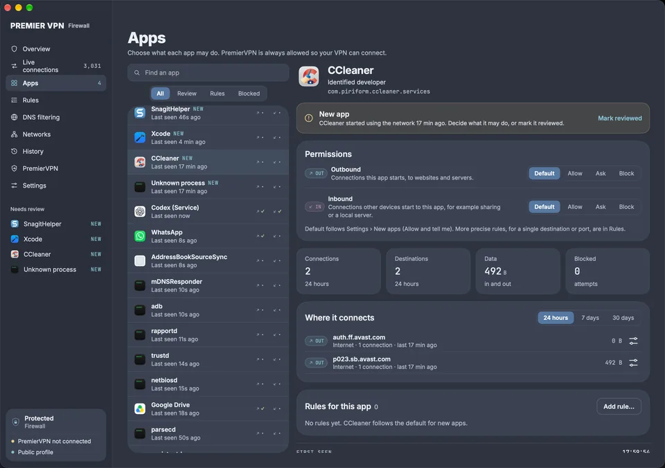 Apps: a new app flagged for review, its outbound and inbound permissions set to Default, Allow, Ask or Block, and where it connects