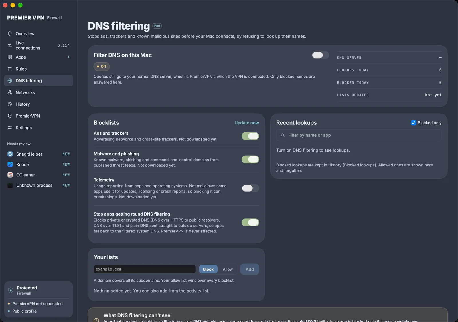 DNS filtering: Filter DNS on this Mac, blocklists for ads and trackers, malware and phishing, and telemetry, your own block and allow lists, and recent lookups