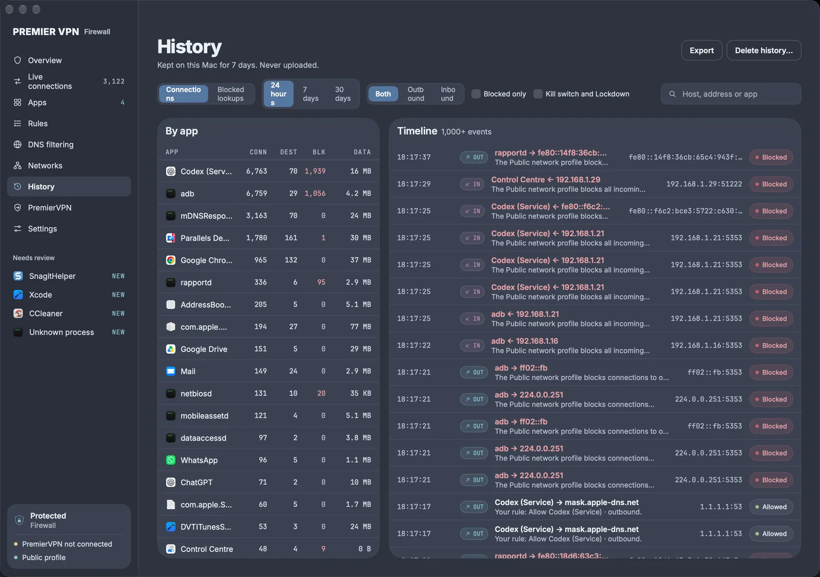 History: connections by app, and a timeline of allowed and blocked connections with the reason for each