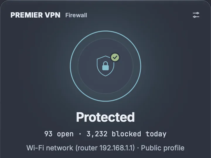 The menu bar panel: Protected, 93 open and 3,232 blocked today, on the Public profile