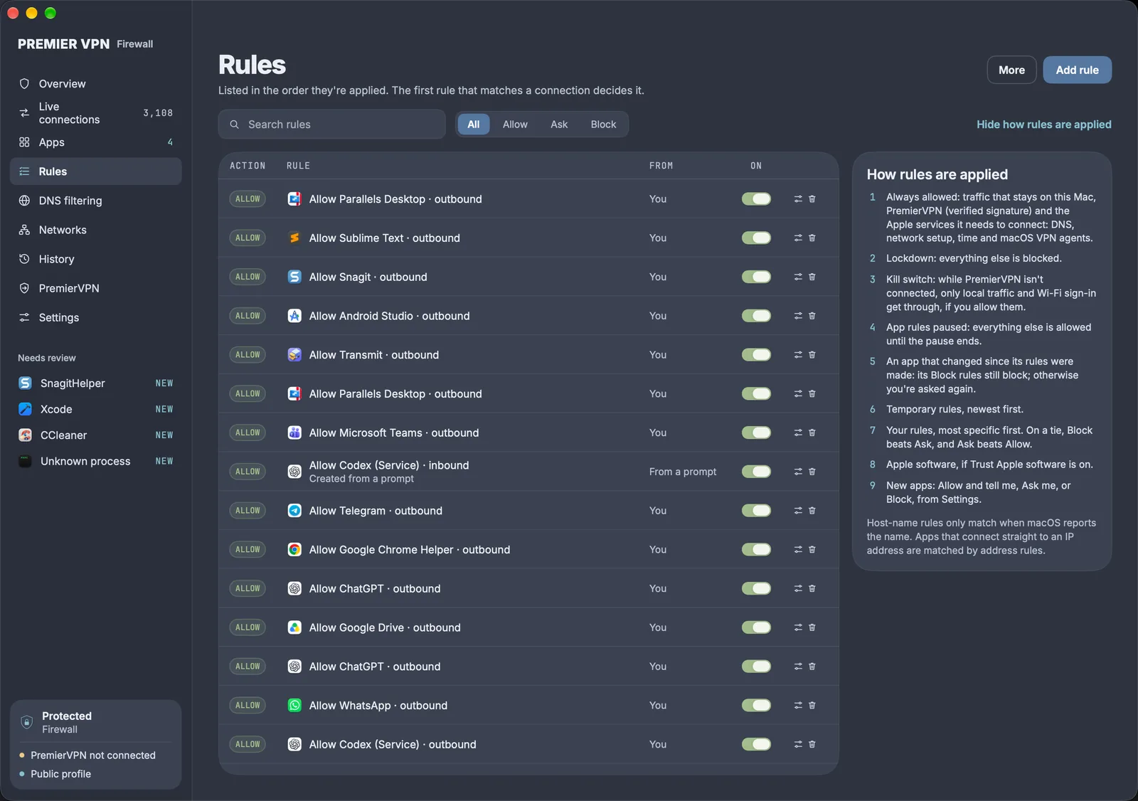 Rules: every rule in the order it is applied, each with an on and off switch, and how rules are applied