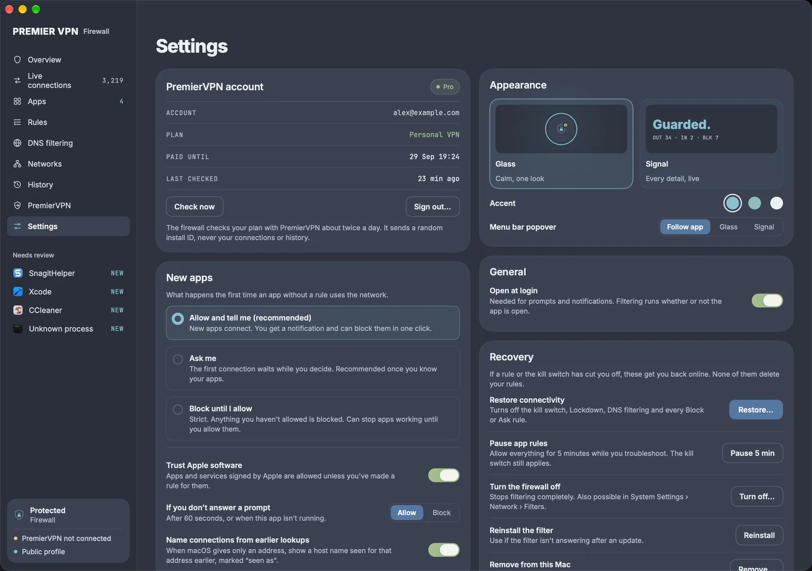 Settings: PremierVPN account showing Pro, new apps, appearance, open at login and recovery