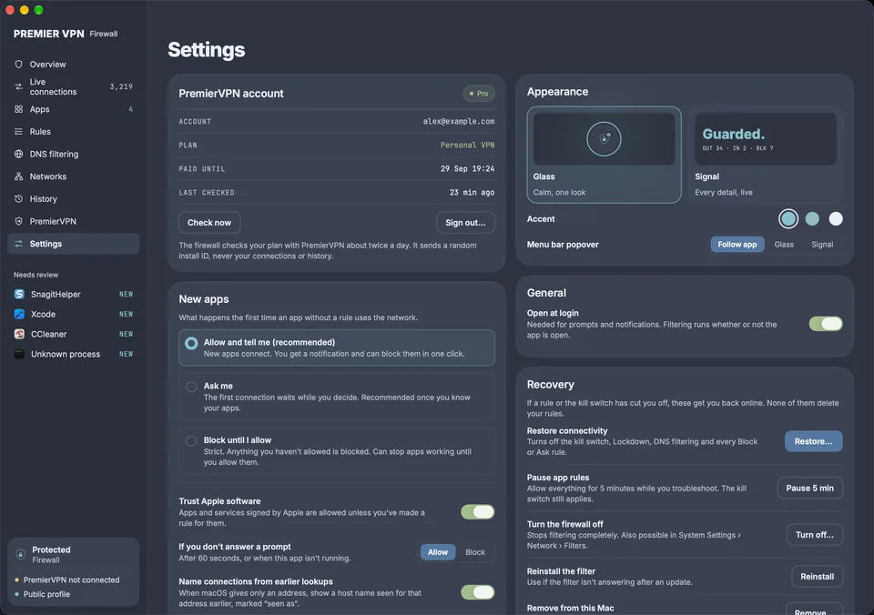 Settings: PremierVPN account showing Pro and the plan, new app handling, appearance, open at login and recovery options