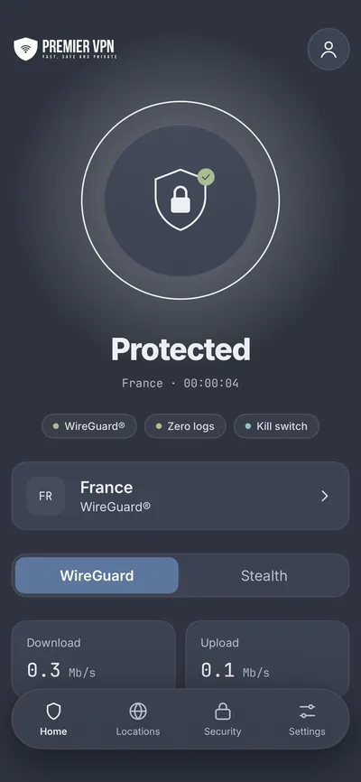 PremierVPN for iPhone showing Protected over WireGuard