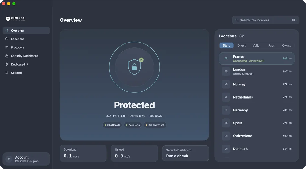 PremierVPN for Mac showing Protected, connected to France over AmneziaWG