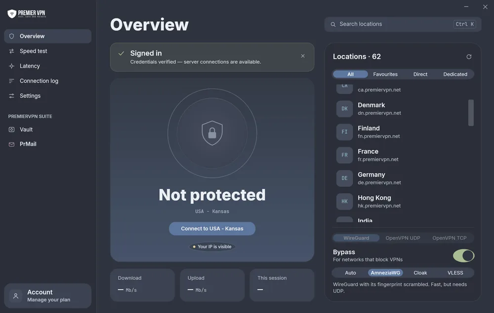 PremierVPN for Windows with Bypass mode switched on