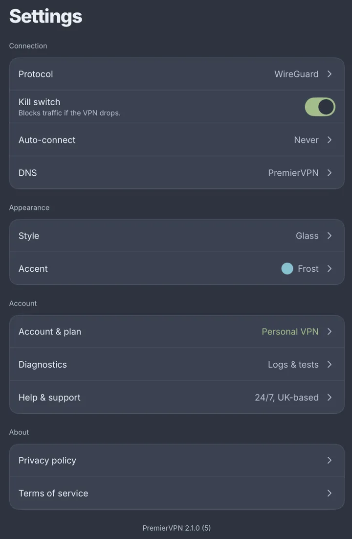 Settings list with Protocol, Kill switch, Auto-connect, DNS, Style, Accent, Account and plan, Diagnostics, and Help and support
