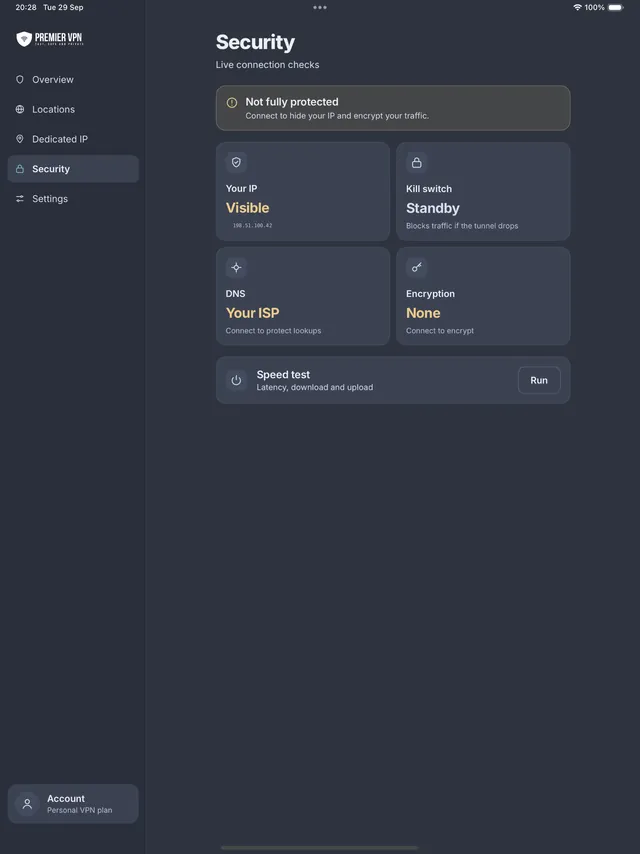 Live security checks in the PremierVPN iPad app