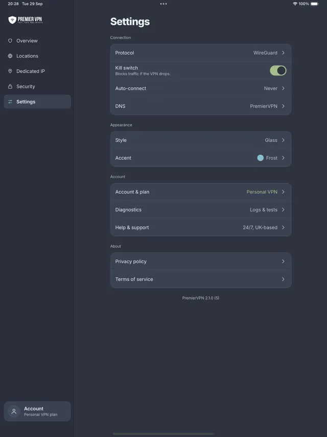 Settings in the PremierVPN iPad app: protocol, kill switch, auto-connect, DNS, appearance and account