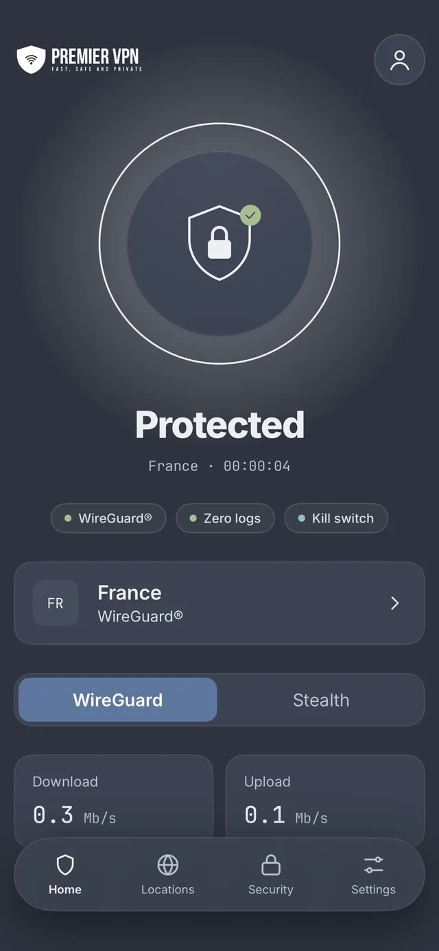 PremierVPN iPhone app in the Glass style, connected to France over WireGuard, with the connect button and live download and upload speeds