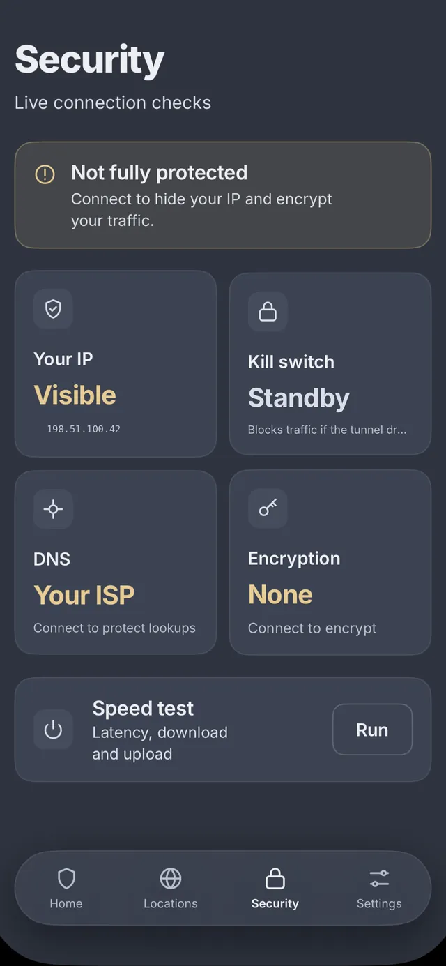 Security screen in the PremierVPN iPhone app with live checks for IP visibility, kill switch, DNS and encryption, and a speed test