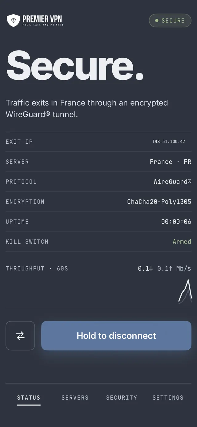 PremierVPN iPhone app in the Signal style showing Secure., with the exit IP, server, protocol, ChaCha20-Poly1305 encryption, uptime, kill switch status and a live throughput graph