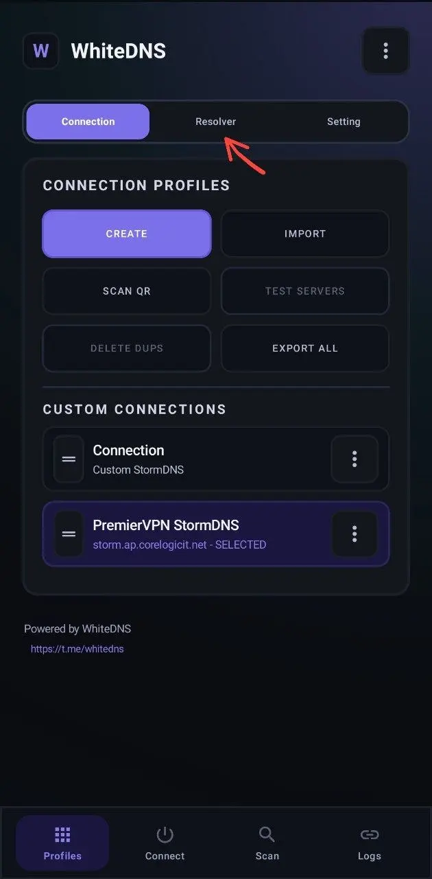 Profile created, tap Resolver