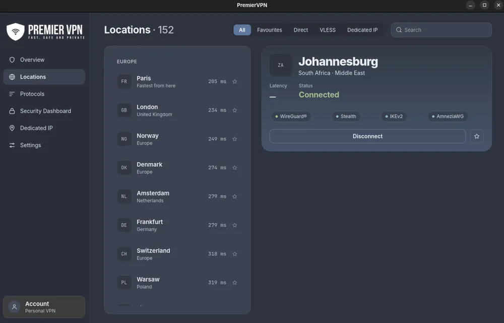 The Locations page: All, Favourites, Direct, VLESS and Dedicated IP tabs, locations with ping times and stars, and a details panel for the connected location with its protocols and a Disconnect button