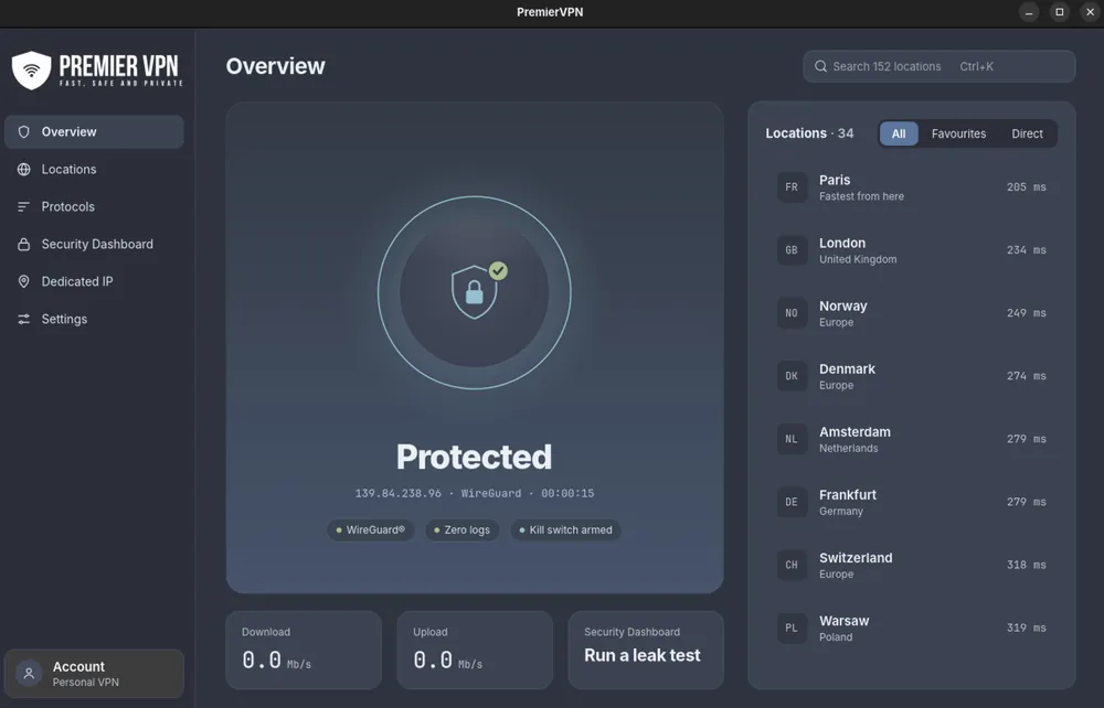 Overview in the Glass style: Protected, with the IP address, WireGuard and time connected, three status chips, download and upload speeds, a Run a leak test tile and the list of locations