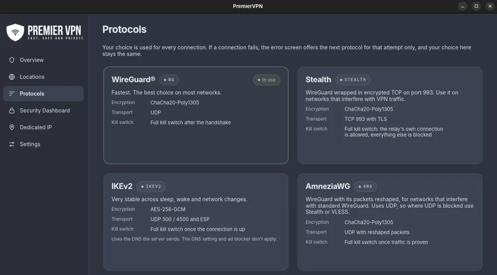 The Protocols page: WireGuard in use, Stealth, IKEv2 and AmneziaWG, each with its encryption, transport and kill switch details