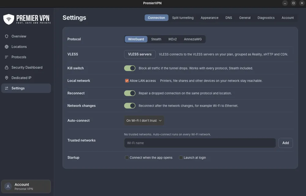 Settings › Connection: protocol choice, VLESS servers, kill switch on, Allow LAN access, Reconnect and Network changes on, Auto-connect on Wi-Fi I don't trust, trusted networks and startup options