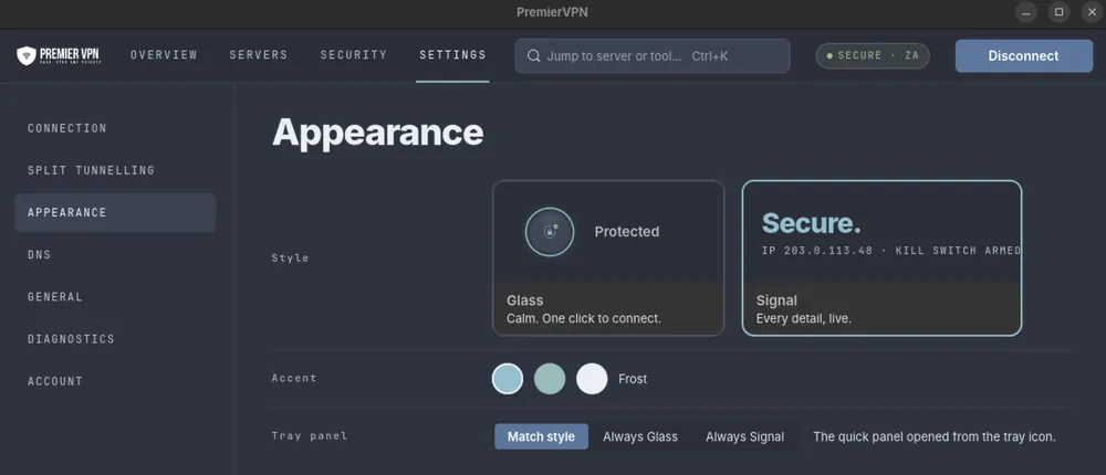 Settings › Appearance: the Glass style (calm, one click to connect) and the Signal style (every detail, live), Frost, Teal and Snow accents, and the tray panel style