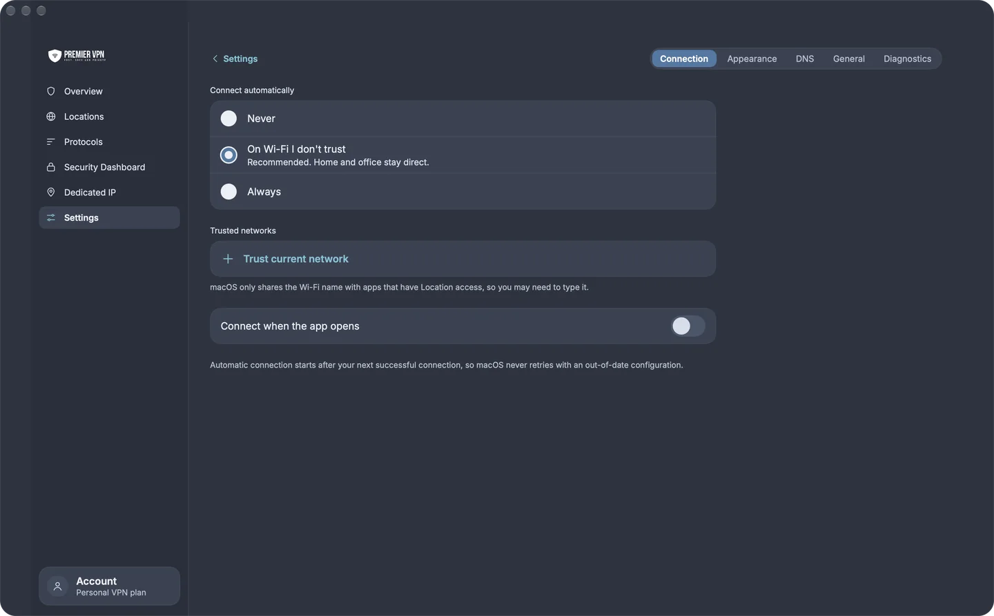 Auto-connect settings: Never, On Wi-Fi I don't trust (recommended) or Always, with Trust current network and Connect when the app opens