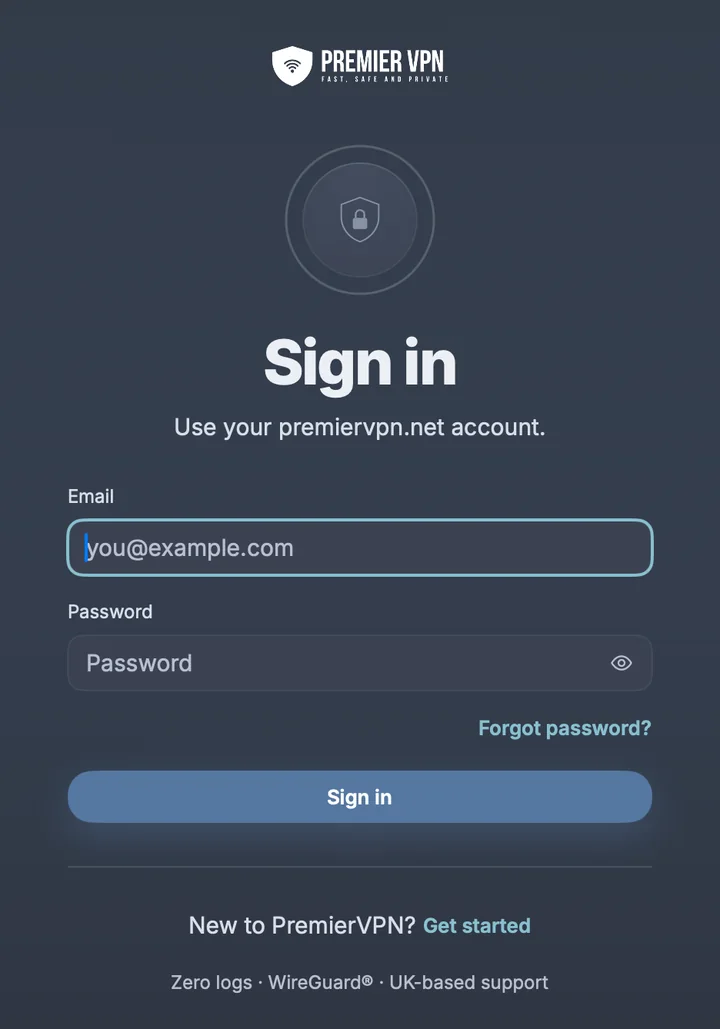 Sign in screen in PremierVPN for Mac: use your premiervpn.net account, with email and password fields, Forgot password, Sign in and Get started