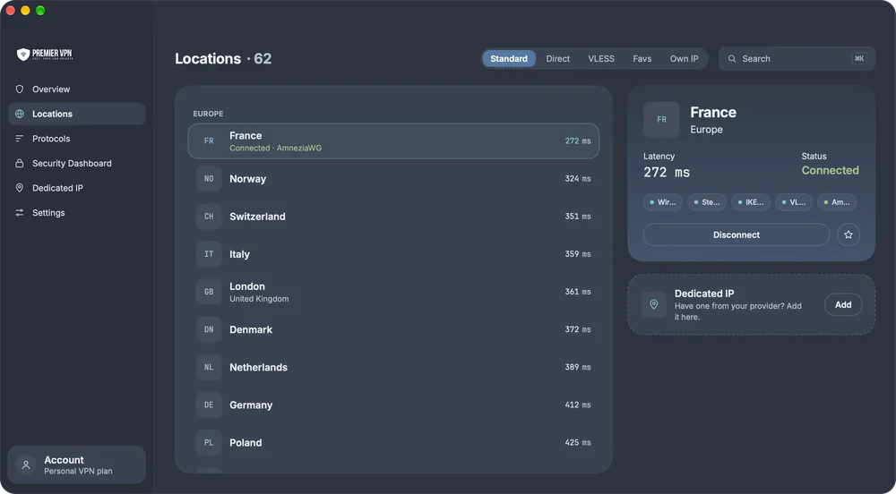 Locations in PremierVPN for Mac: Standard, Direct, VLESS, Favs and Own IP tabs, European locations with their latency, and the connected location with its protocols, Disconnect and a favourite star