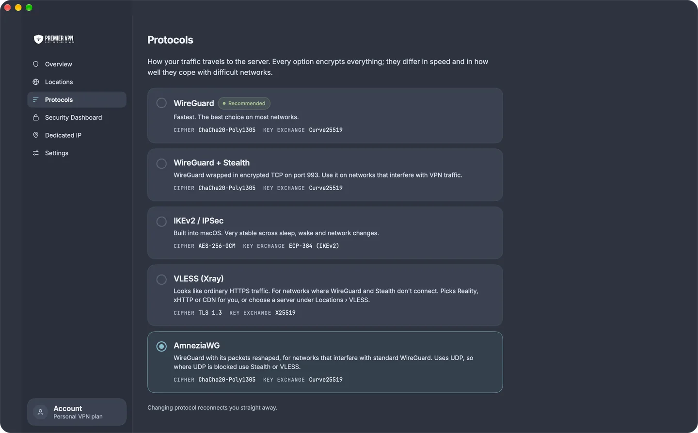 Protocols screen: WireGuard (recommended), WireGuard + Stealth, IKEv2 / IPSec, VLESS (Xray) and AmneziaWG, each with a description, cipher and key exchange