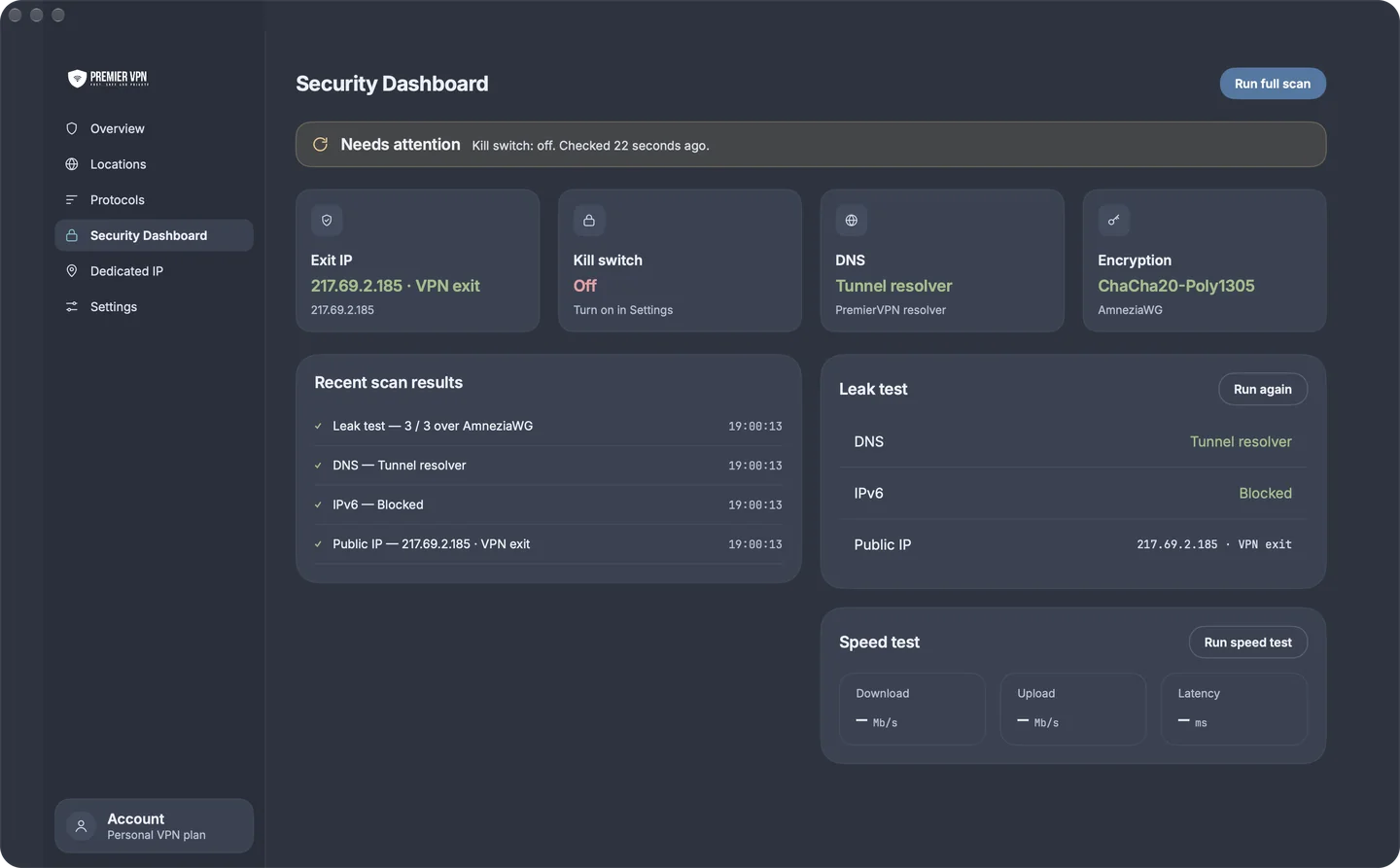 Security Dashboard: a Needs attention banner because the kill switch is off, cards for exit IP, kill switch, DNS and encryption, recent scan results, a leak test and a speed test