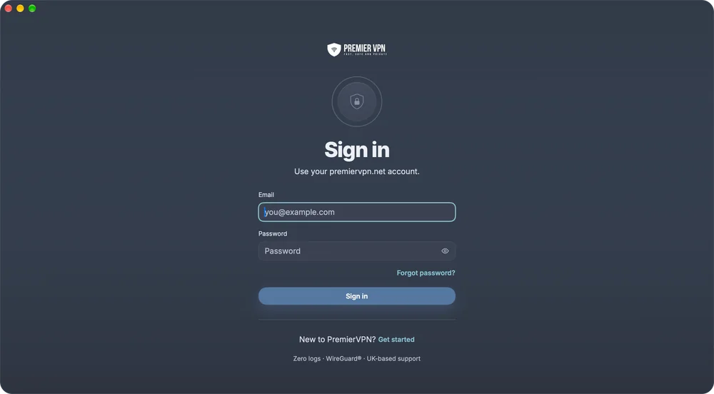 PremierVPN for Mac sign-in screen: use your premiervpn.net account, with email, password, Forgot password and Get started
