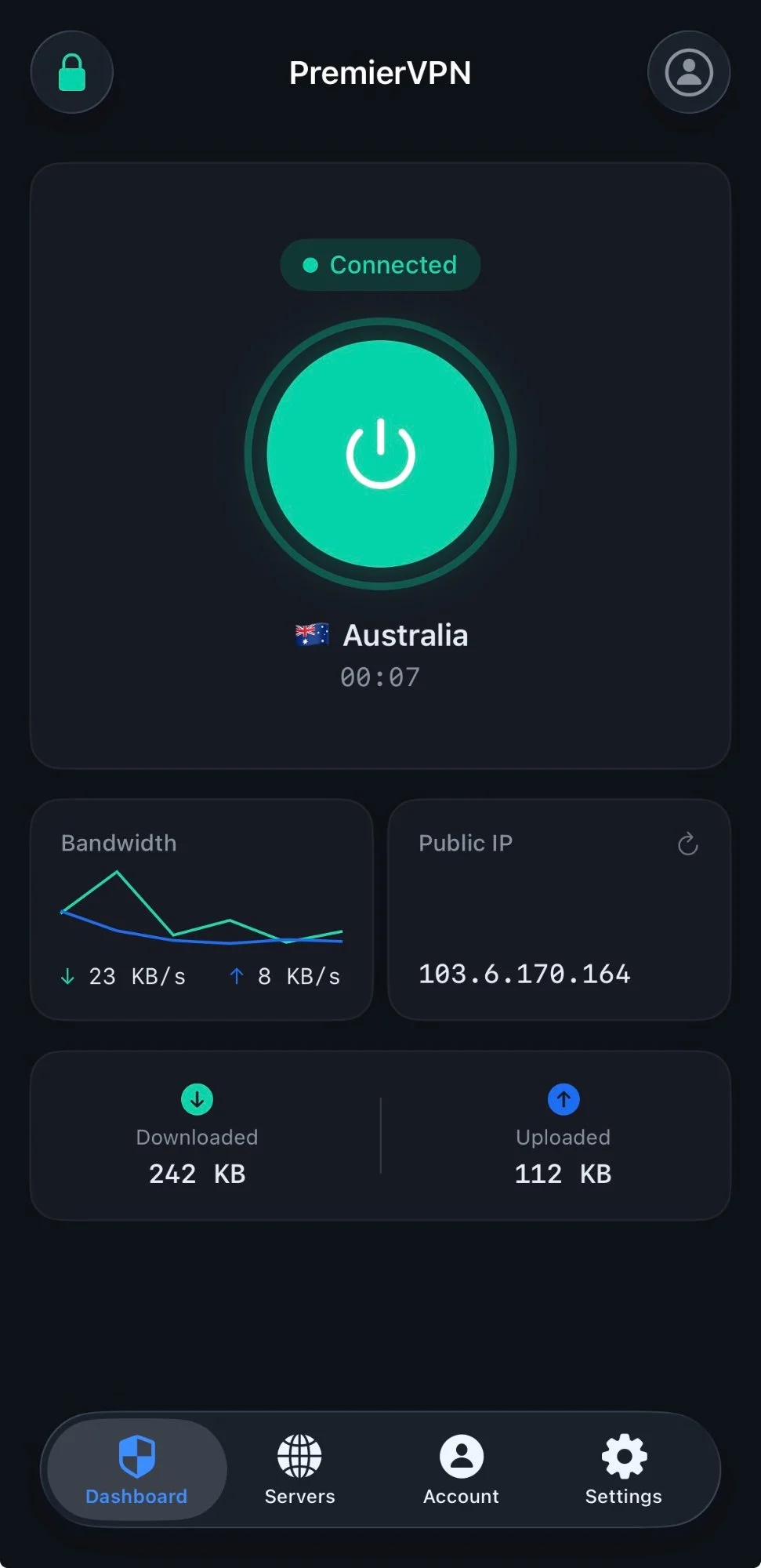 PremierVPN iOS App — Connected to Australia with bandwidth monitoring and public IP display