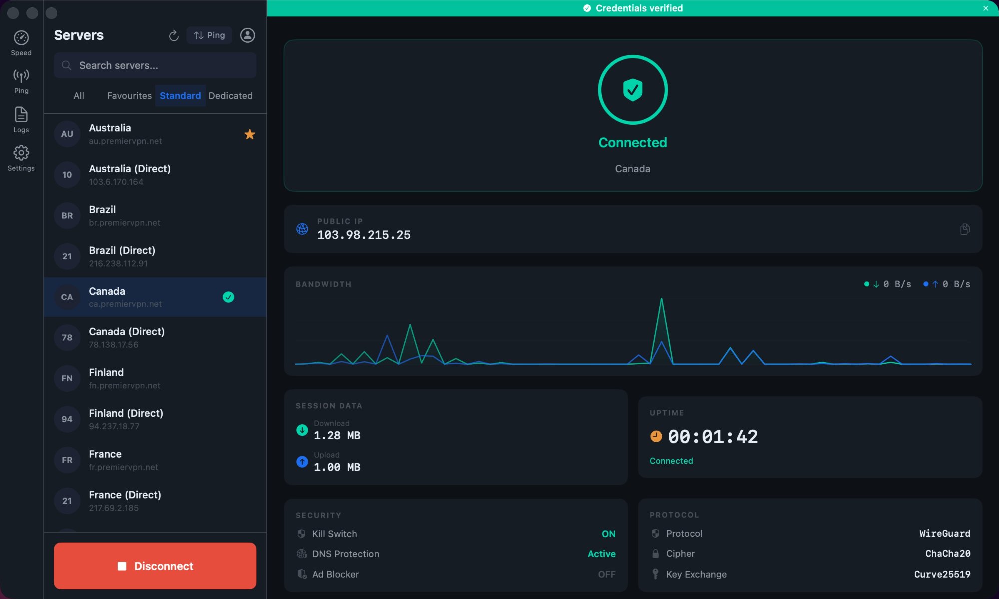 PremierVPN macOS App — WireGuard connected to Canada with bandwidth monitoring