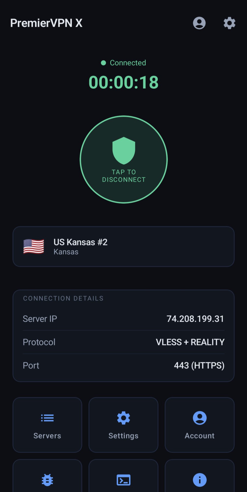 PremierVPN X Android App — Connected to US Kansas via VLESS + REALITY protocol