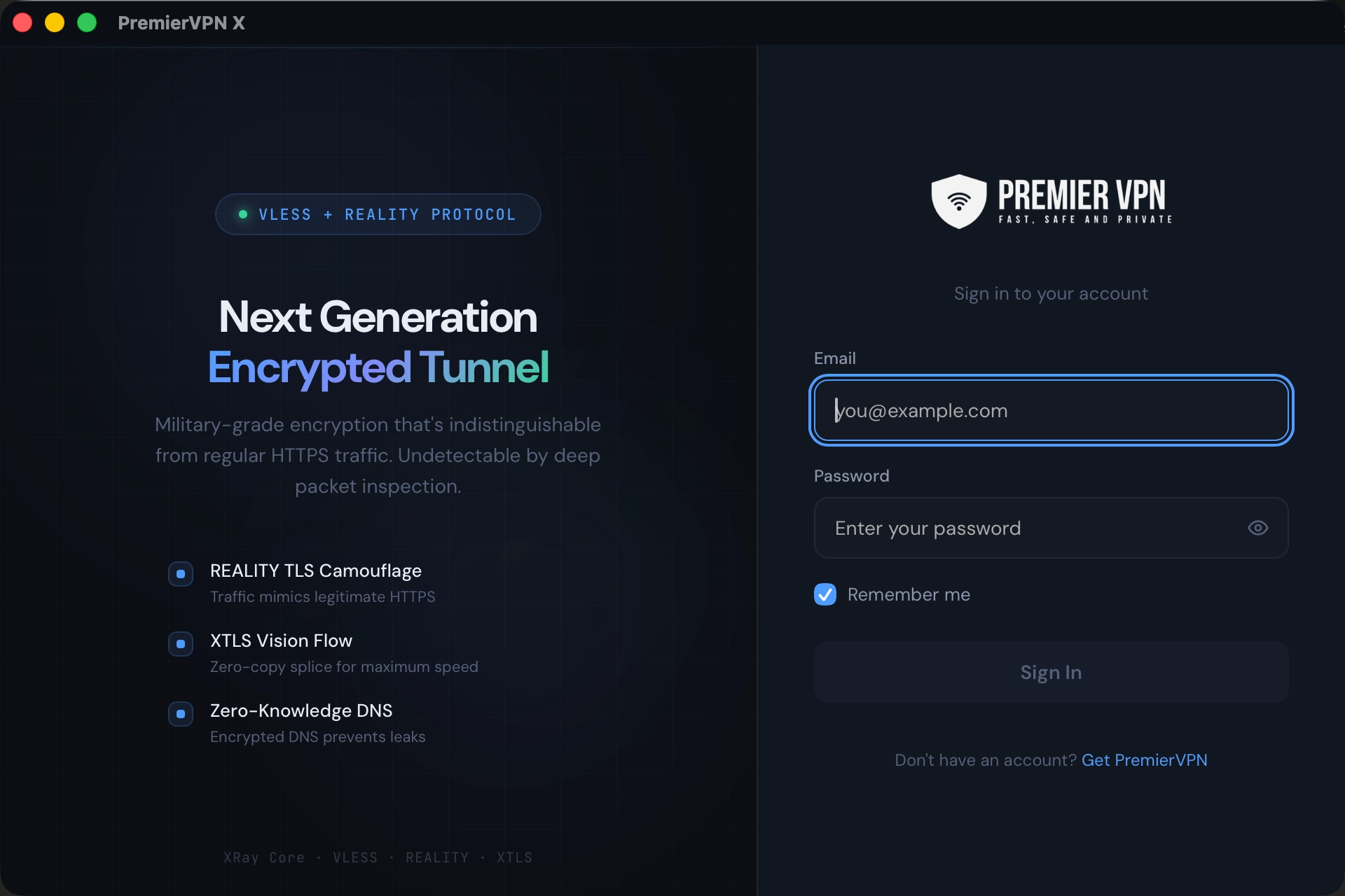 PremierVPN X macOS App — VLESS + REALITY login screen