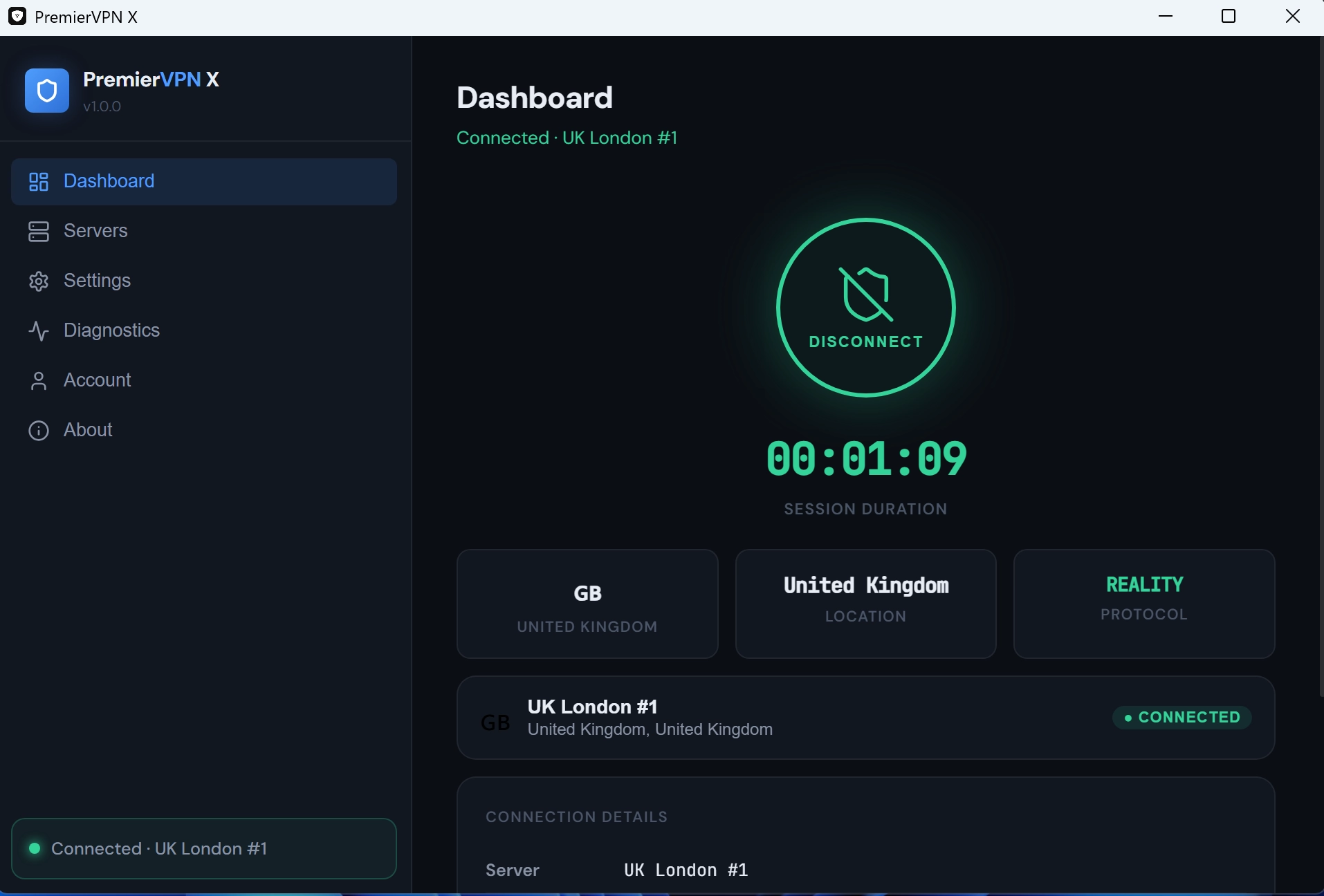 PremierVPN X Windows App — Connected to UK London via REALITY protocol