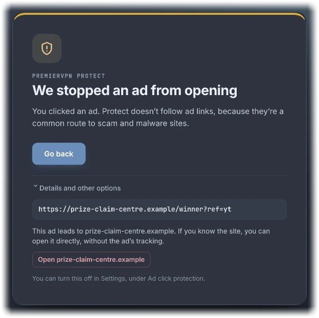 The We stopped an ad from opening page, with a Go back button, and under Details and other options the address the ad leads to and a button to open that site directly