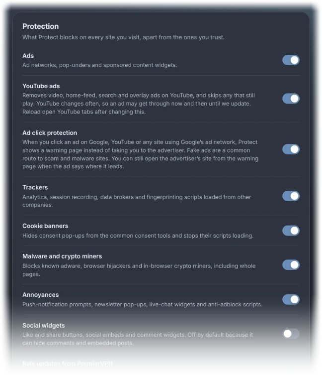 The Protection section of the settings page, describing each protection with its switch: Ads, YouTube ads, Ad click protection, Trackers, Cookie banners, Malware and crypto miners, Annoyances, Social widgets and Rule updates from PremierVPN