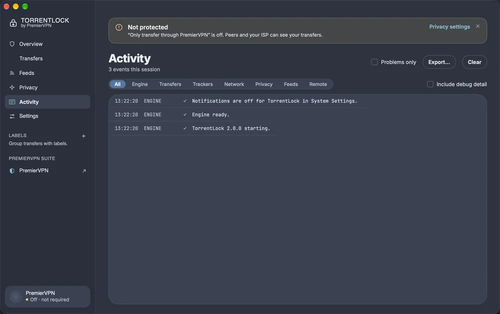 The TorrentLock Activity page: Engine, Transfers, Trackers, Network, Privacy, Feeds and Remote filters, Problems only, Export and Clear, with the first events of a session