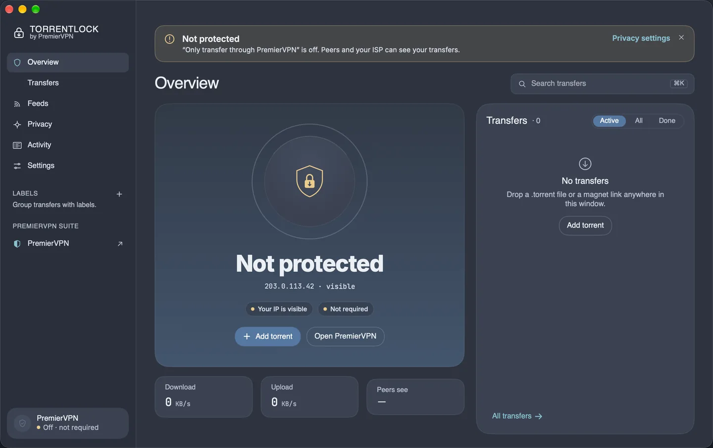 TorrentLock Overview in the Glass style: a large status ring, the not protected warning, Add torrent and Open PremierVPN buttons, Download, Upload and Peers see tiles, and the transfers list