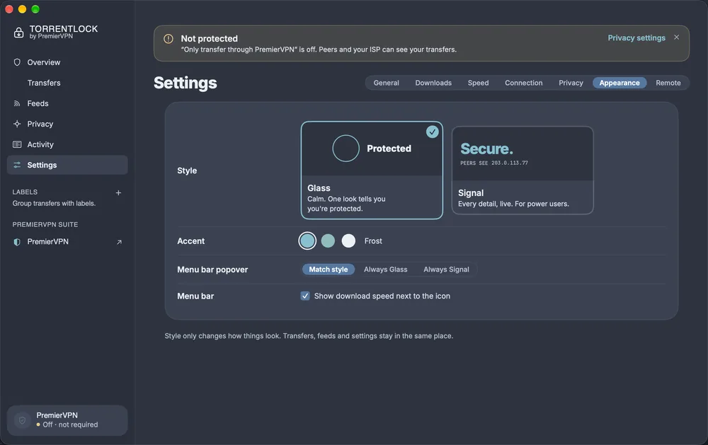 TorrentLock Settings, Appearance tab: the Glass and Signal styles, the Frost, Teal and Snow accents, the menu bar popover style and download speed in the menu bar
