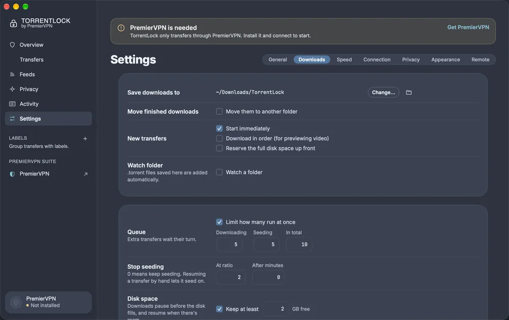 TorrentLock Settings, Downloads tab: save folder, move finished downloads, start immediately, download in order, watch folder, queue limits, stop seeding and keep 2 GB free