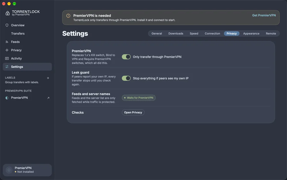 TorrentLock Settings, Privacy tab: Only transfer through PremierVPN and Stop everything if peers see my own IP, both switched on