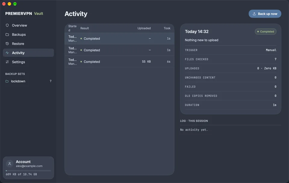 Activity: each backup with its result, amount uploaded and duration, and the details of the latest run