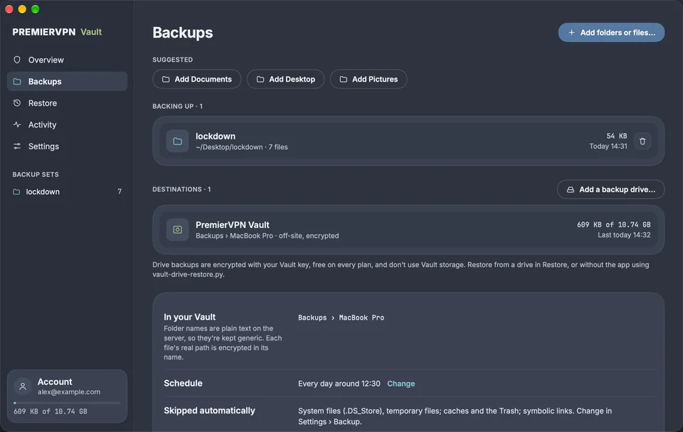 Backups: suggested folders, the folders being backed up, and destinations, the online Vault and backup drives