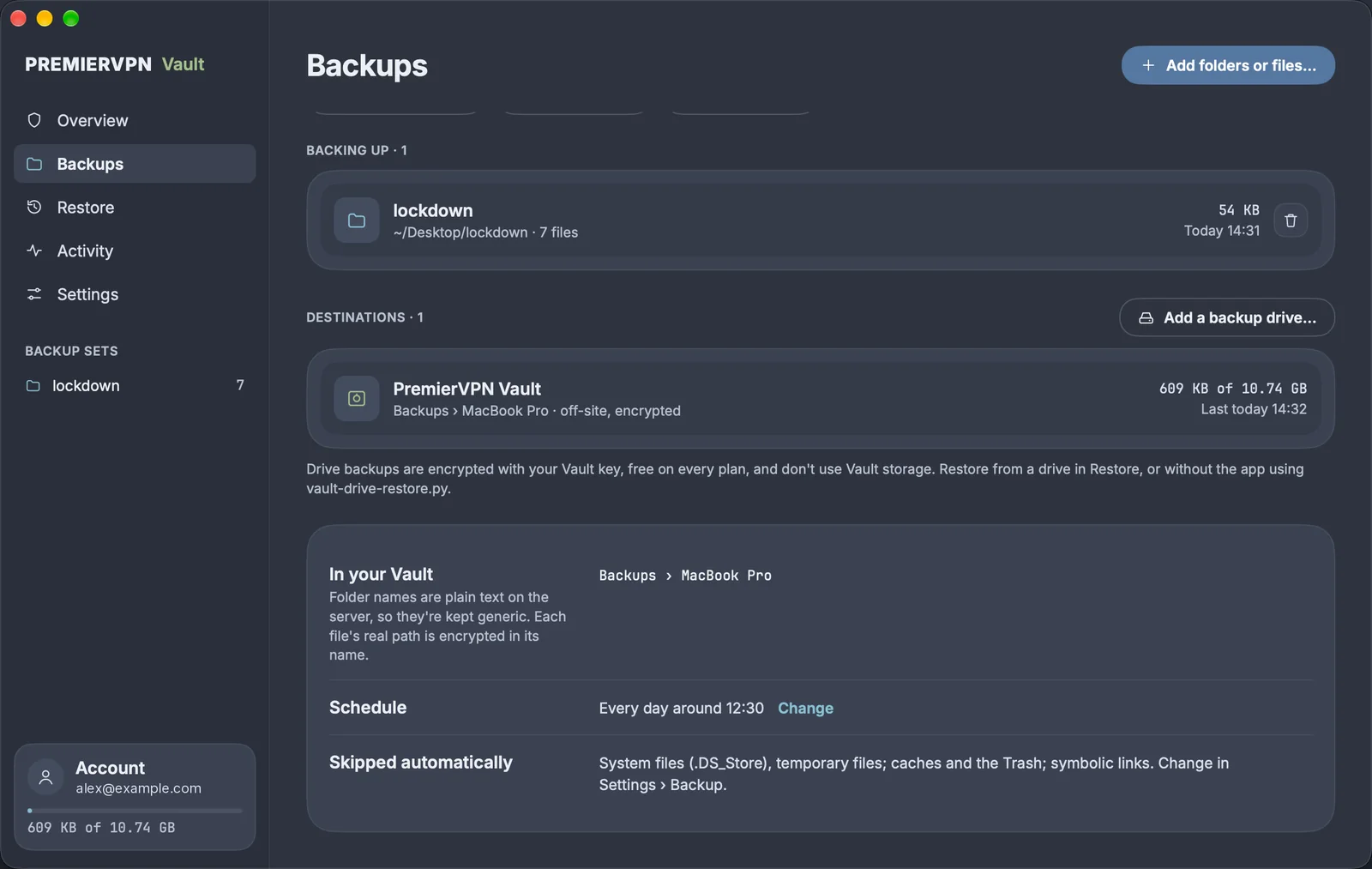 Backups, Destinations: the PremierVPN Vault destination with storage used and last backup, and the Add a backup drive button