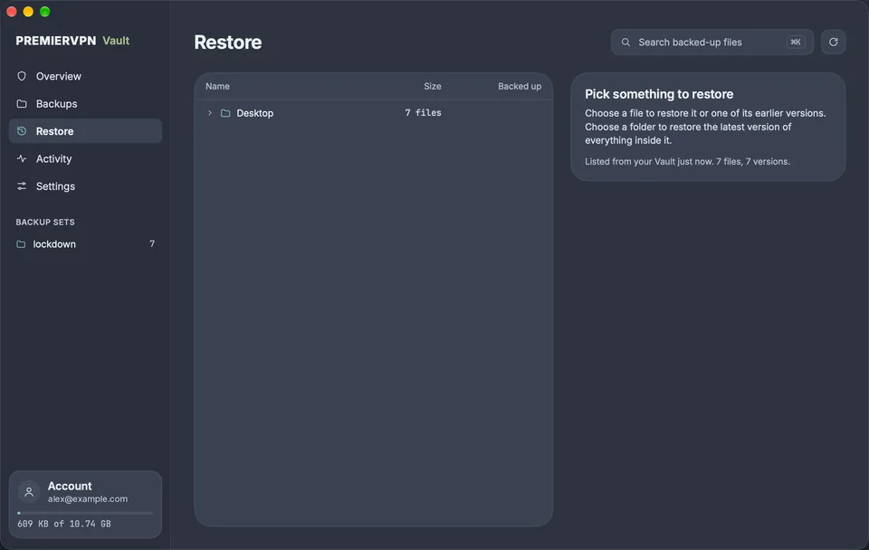 Restore: a folder tree of backed-up files, decrypted on the Mac, with search